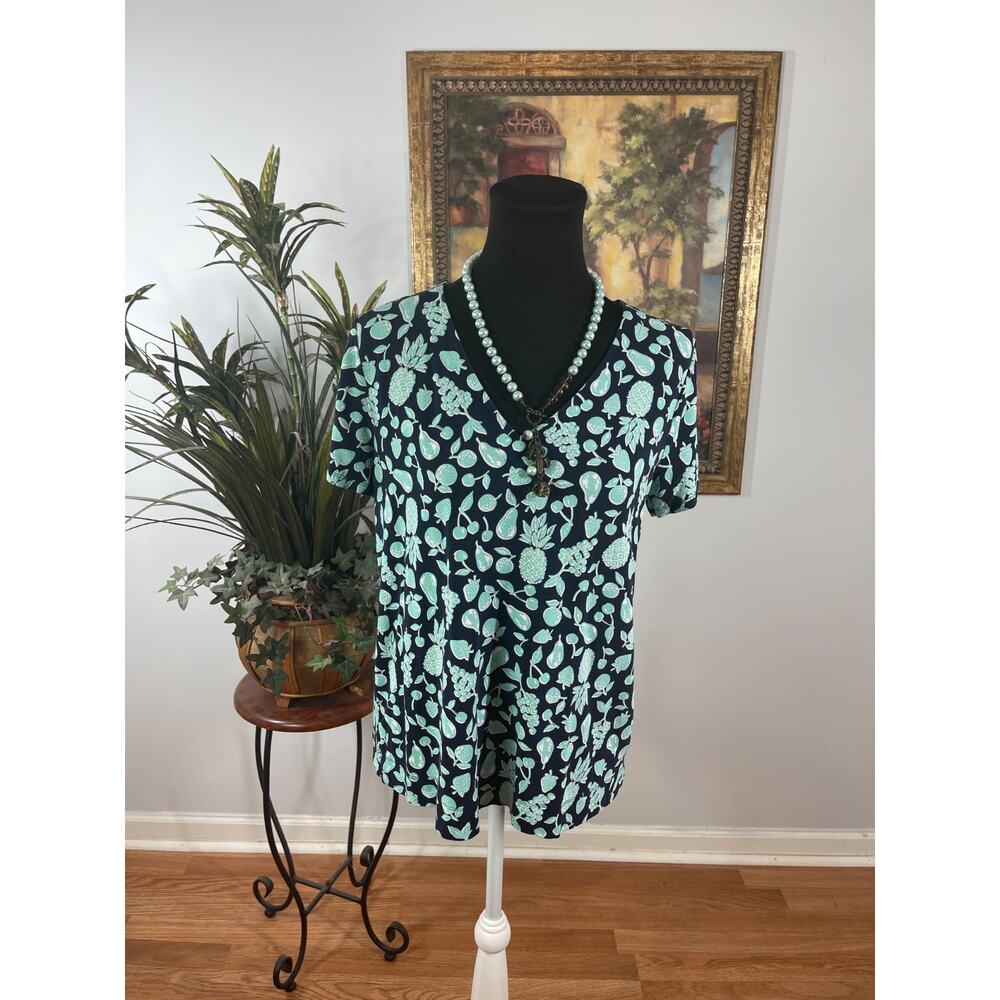 J. Jill Wearever Collection Top Womens Small Green Fruit Print Retro Revival Mod